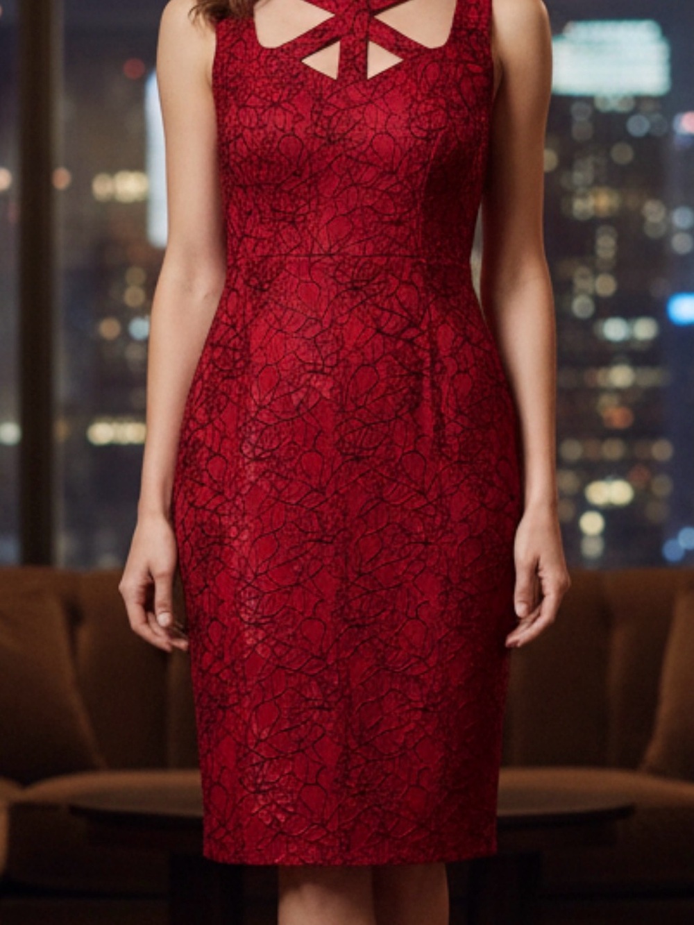 Jax Red Lace Midi Cocktail Dress with Floral Lace Accents and Geo Cutout Detail